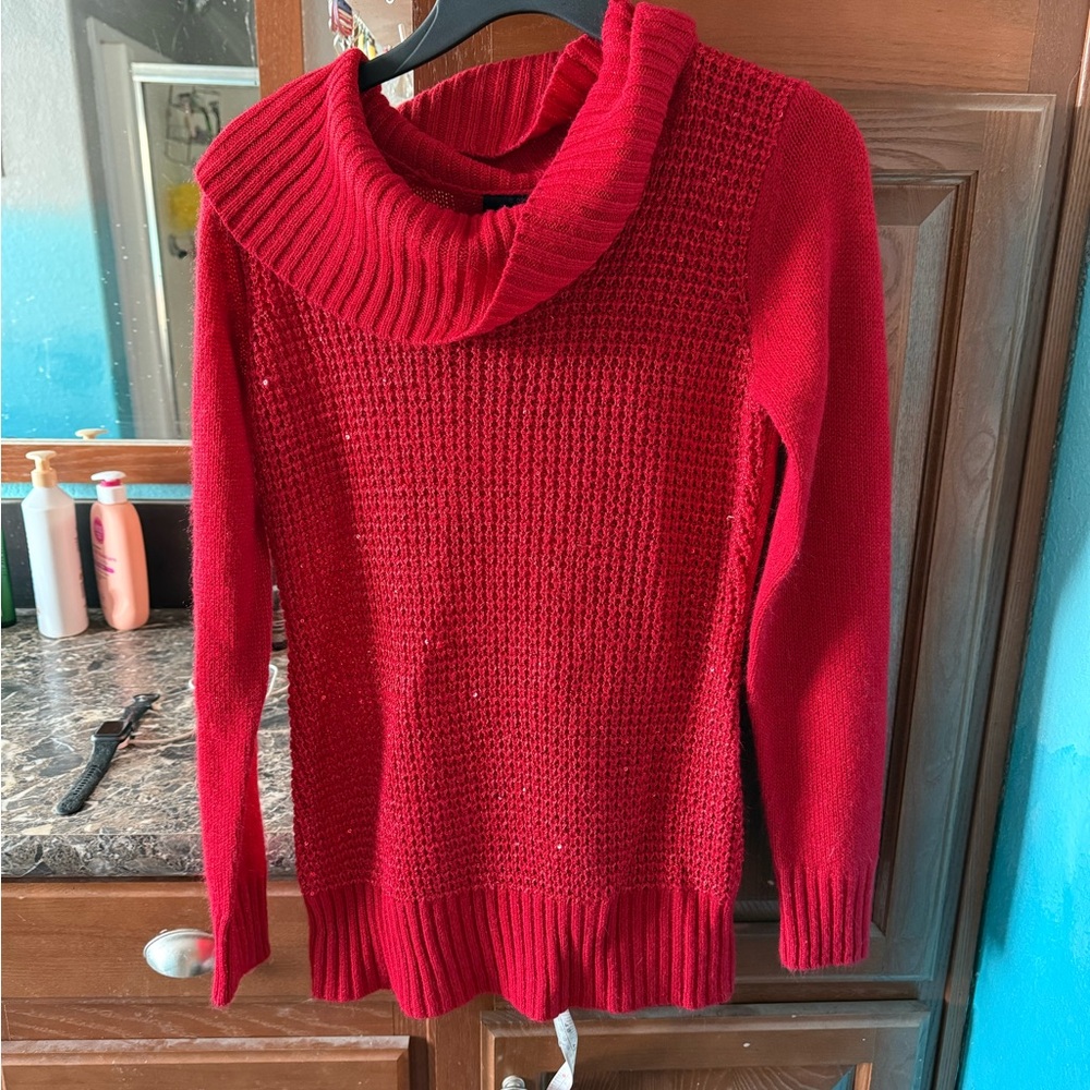 Red cowl neck sweater